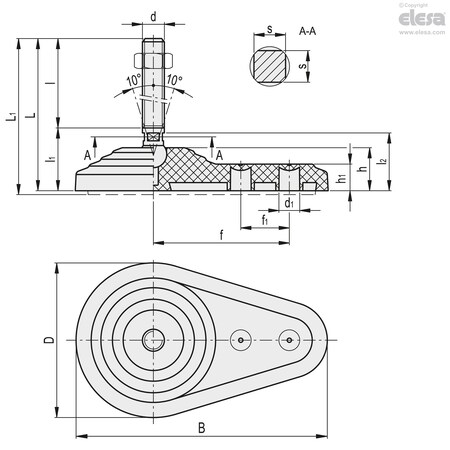 Elesa Levelling feet for ground mounting, LVQ.FO-60-14-SST-M24x210 LVQ.FO-SST